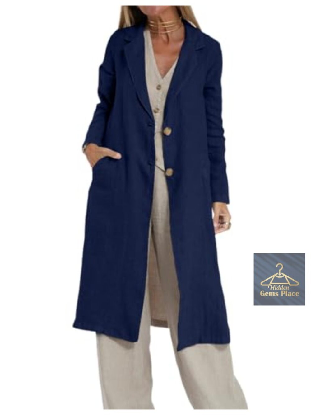 Women's Long Linen Blend Blazer Jacket | Casual Lightweight Trench Coat | Notch